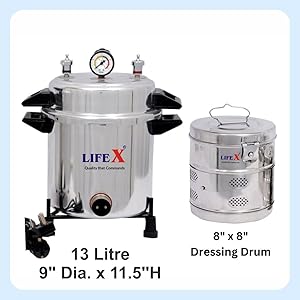 LIFEX Autoclave Sterilizer 13 Litre (9" Dia. x 11.5''H) with 8" x 8" Dressing Drum